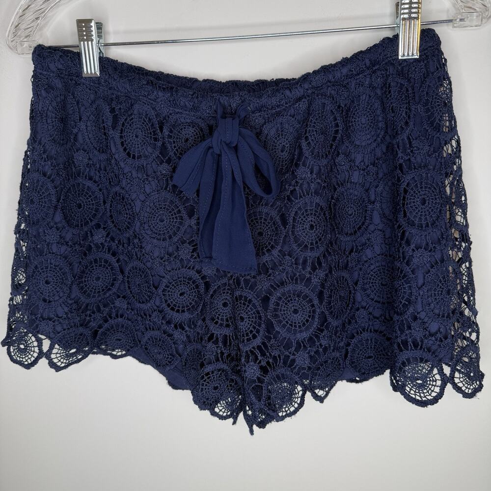 Heart Soul Women’s Lace Shorts Size Large Pull On Blue Chiffon Bow Draw String